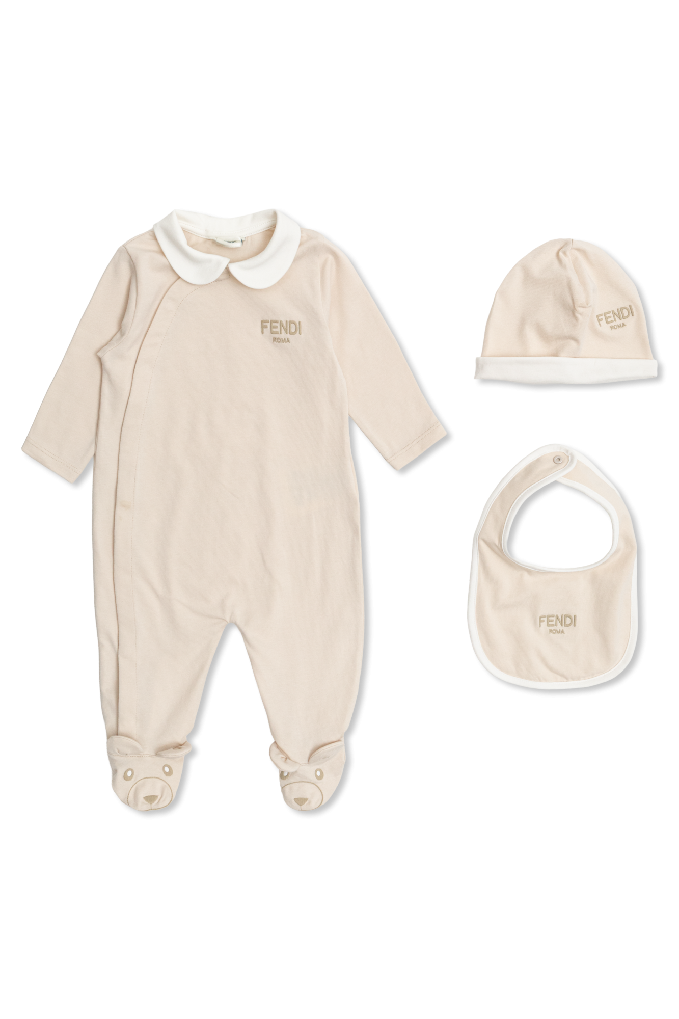 Fendi Kids cream Set: sleepsuit, cap, bib