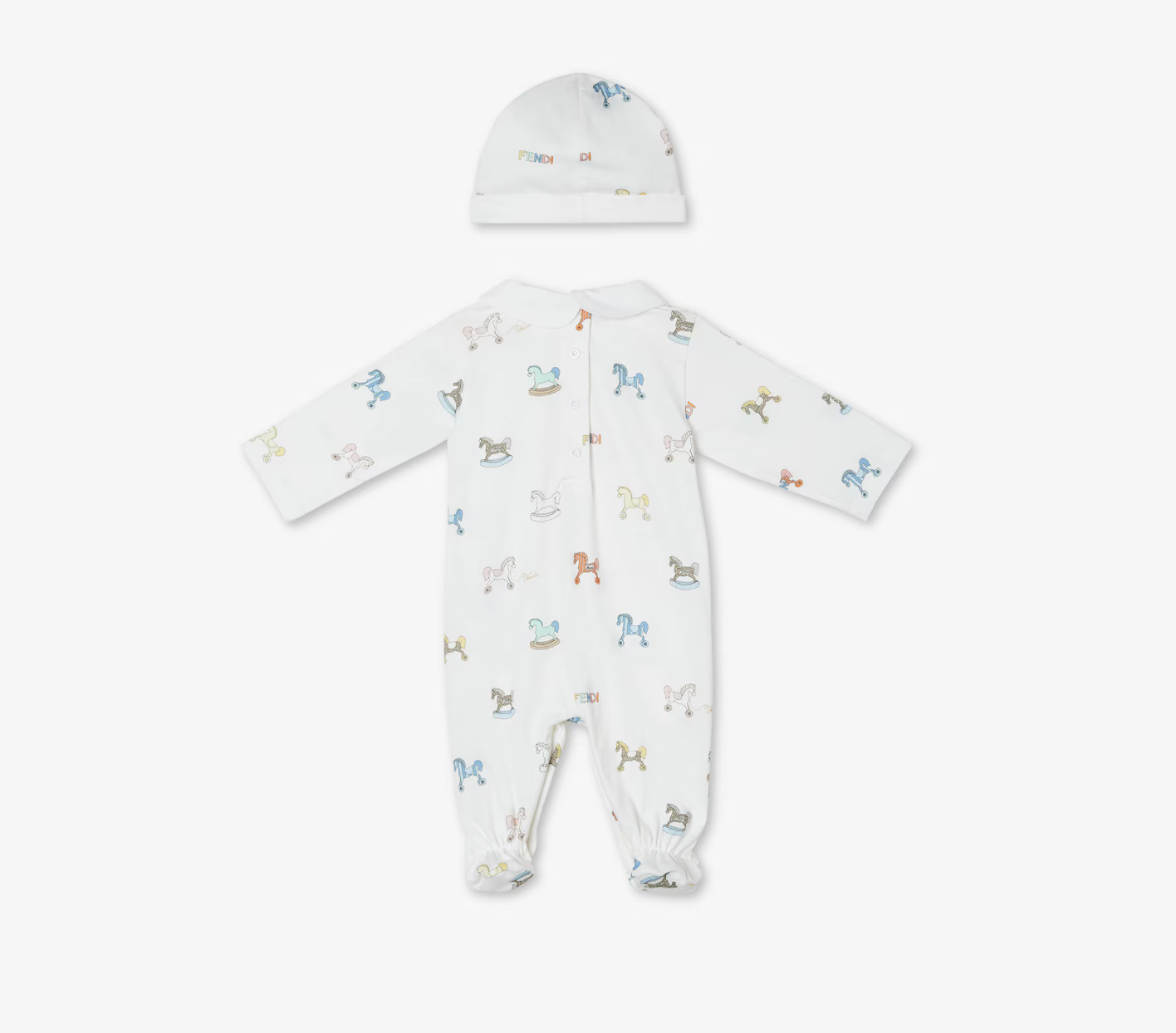 White jersey baby set with multicoloured print