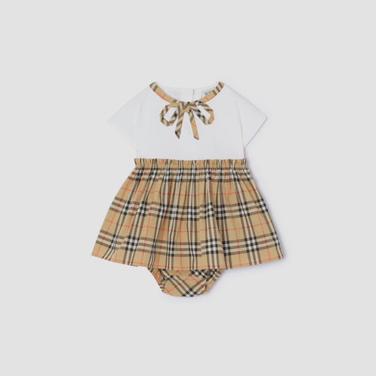 Check Bow Cotton Dress with Bloomers