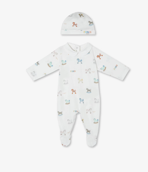 White jersey baby set with multicoloured print