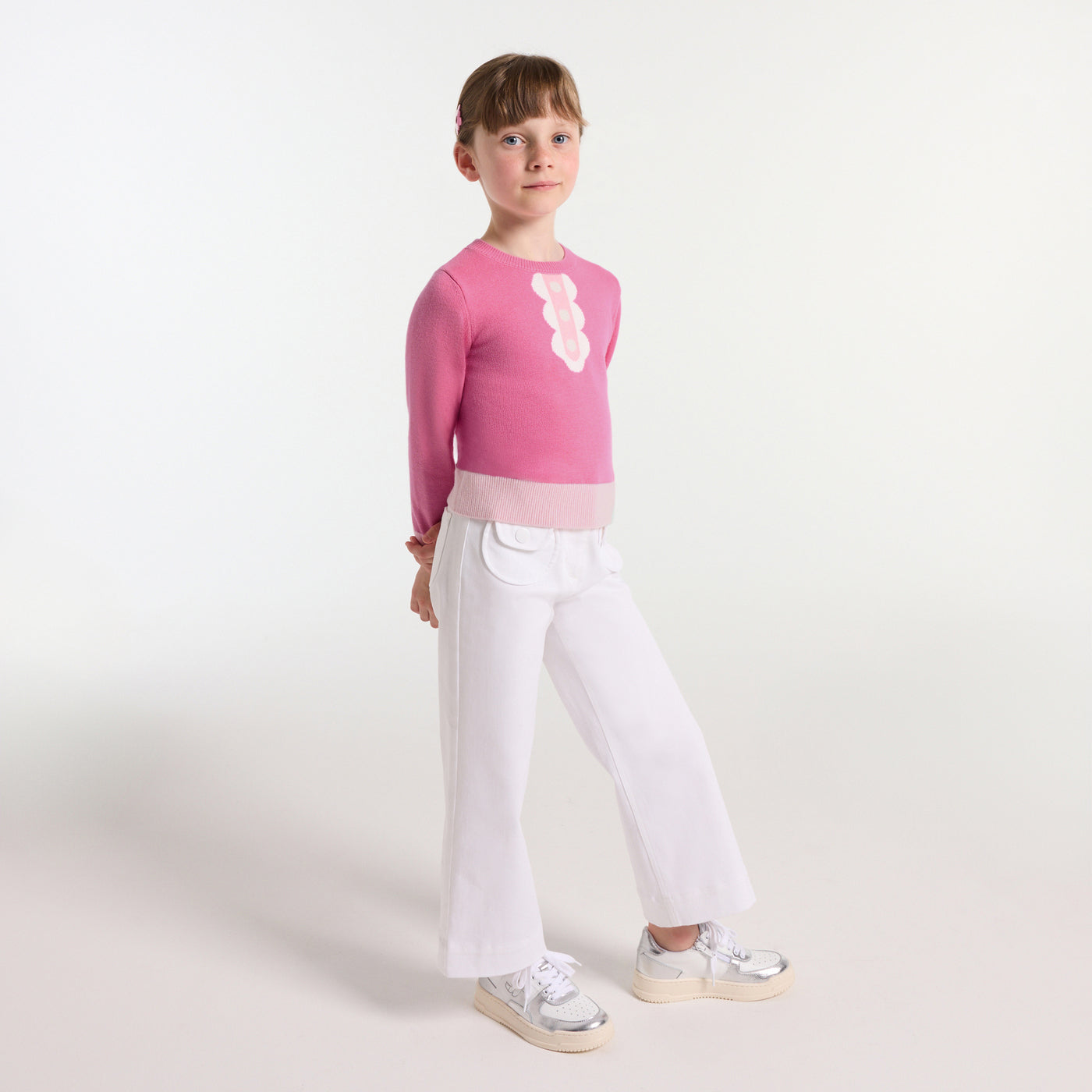 Girl sweater with trompe-l'œil collar - petal pink