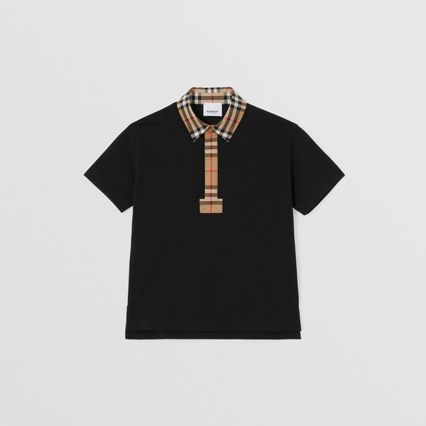 Burberry Check Trim Cotton Piqué Black Polo Shirt
