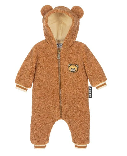 HOODED ONESIE W BEAR PRINT
