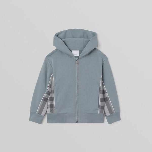 Burberry Blue Check Panel Cotton Hooded Top