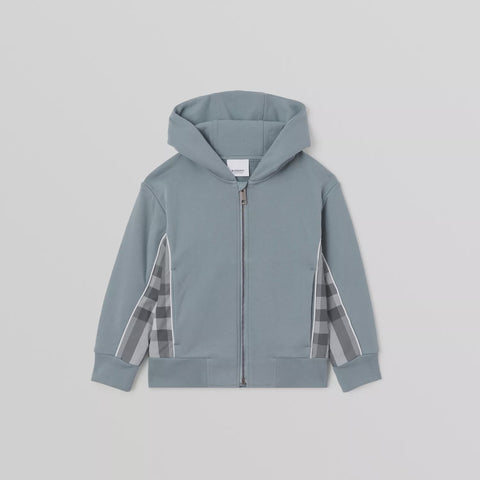 Burberry Blue Check Panel Cotton Hooded Top