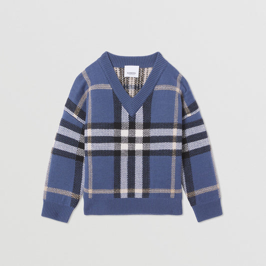 Burberry Blue Check Intarsia Wool Cashmere Sweater