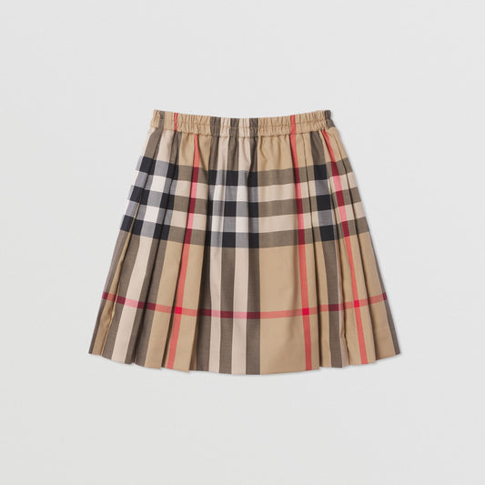 Burberry Check Stretch Cotton Pleated Skirt