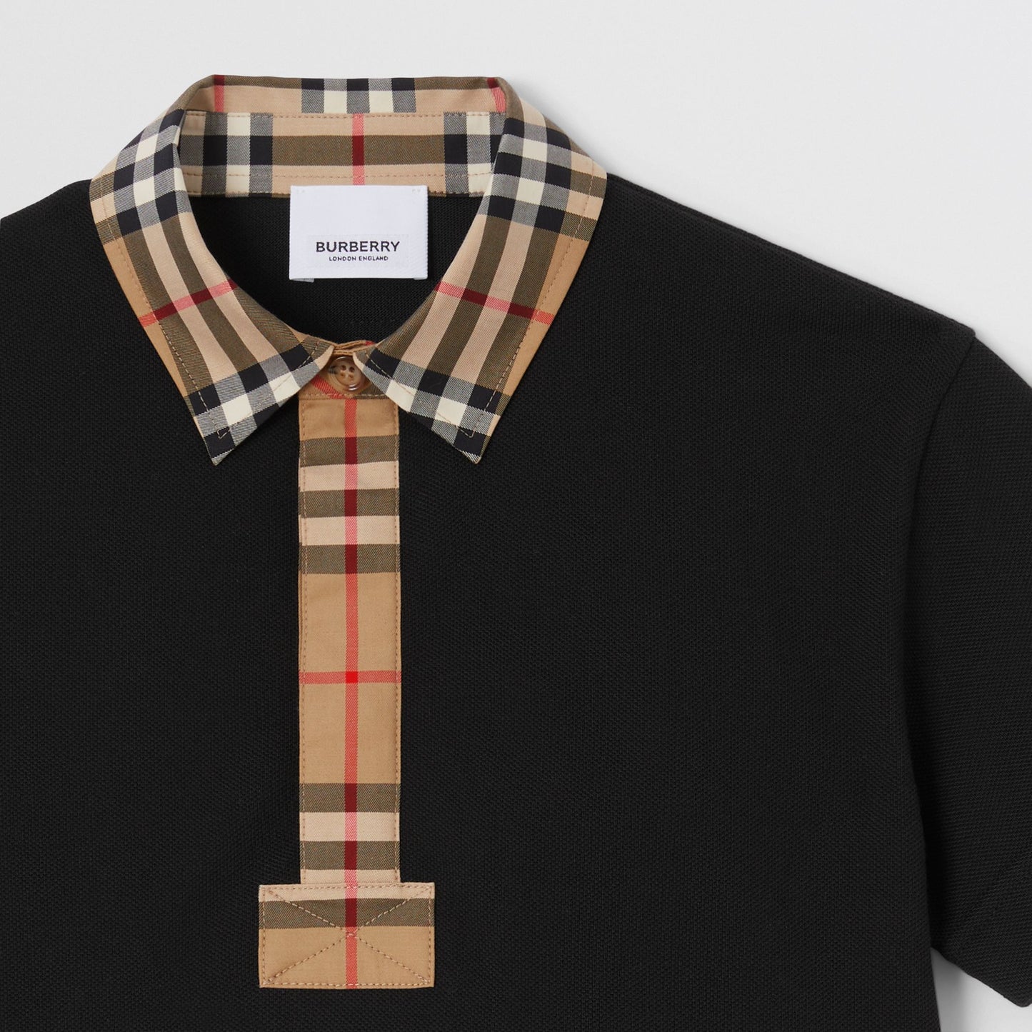 Burberry Check Trim Cotton Piqué Black Polo Shirt