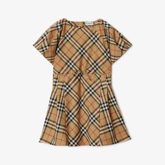Pleated Check Stretch Cotton Dress