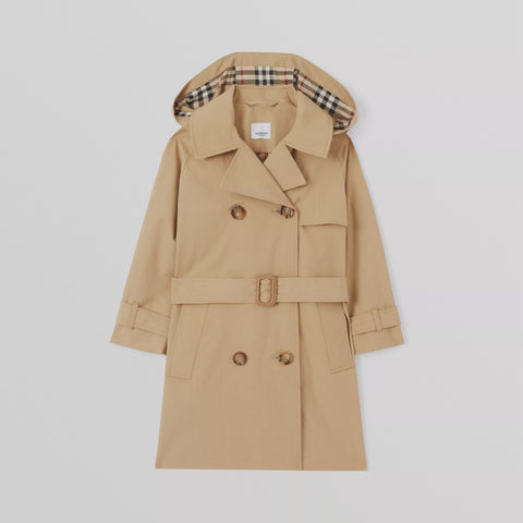 Burberry Detachable Hood Pleated Cotton Trench Coat