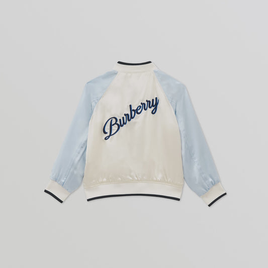 Burberry Embroidered Logo Script Satin Bomber Jacket