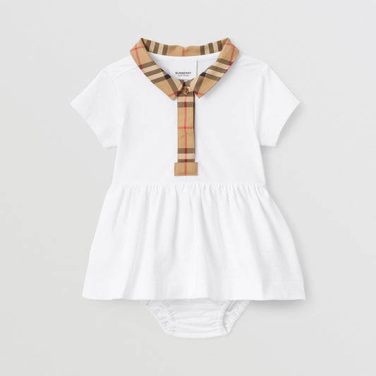 Burberry Check Trim Cotton Piqué Dress with Bloomers