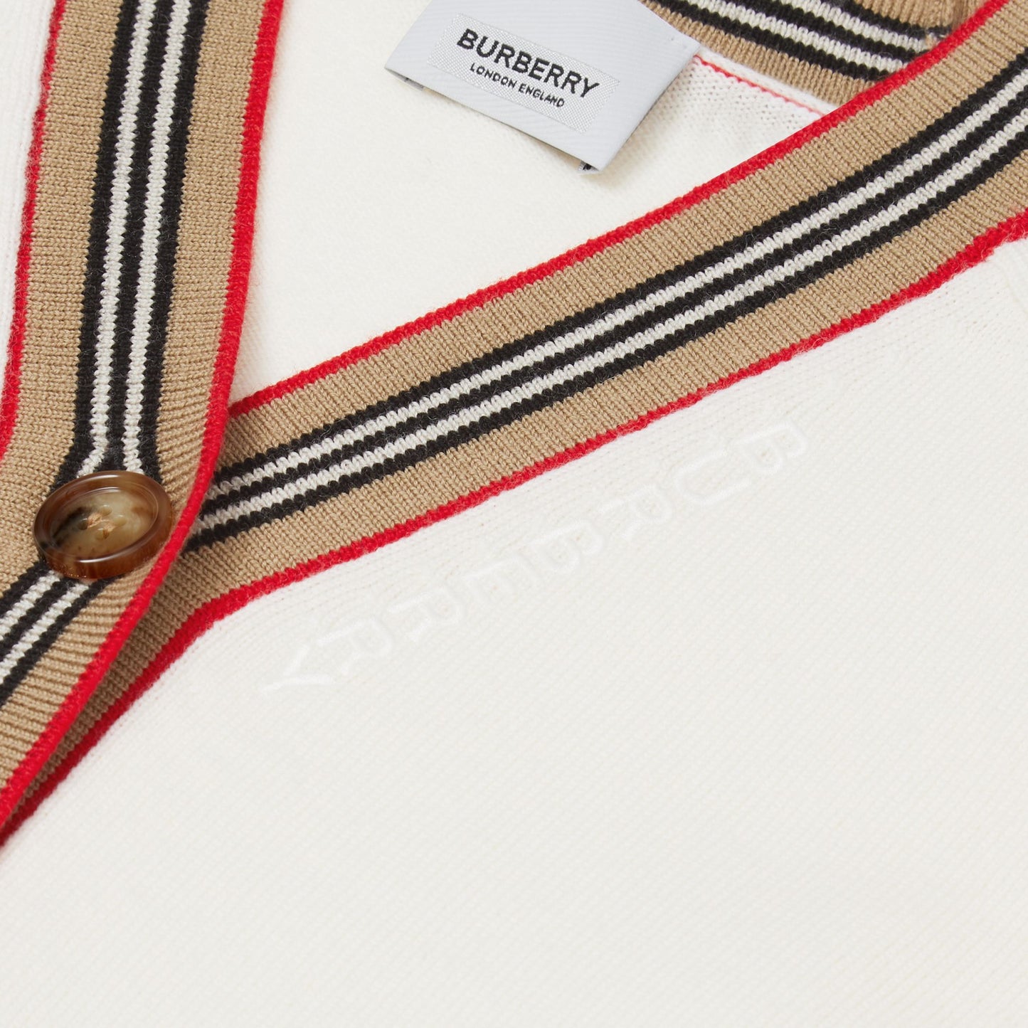 Burberry Ivory Icon Stripe Trim Wool Cardigan