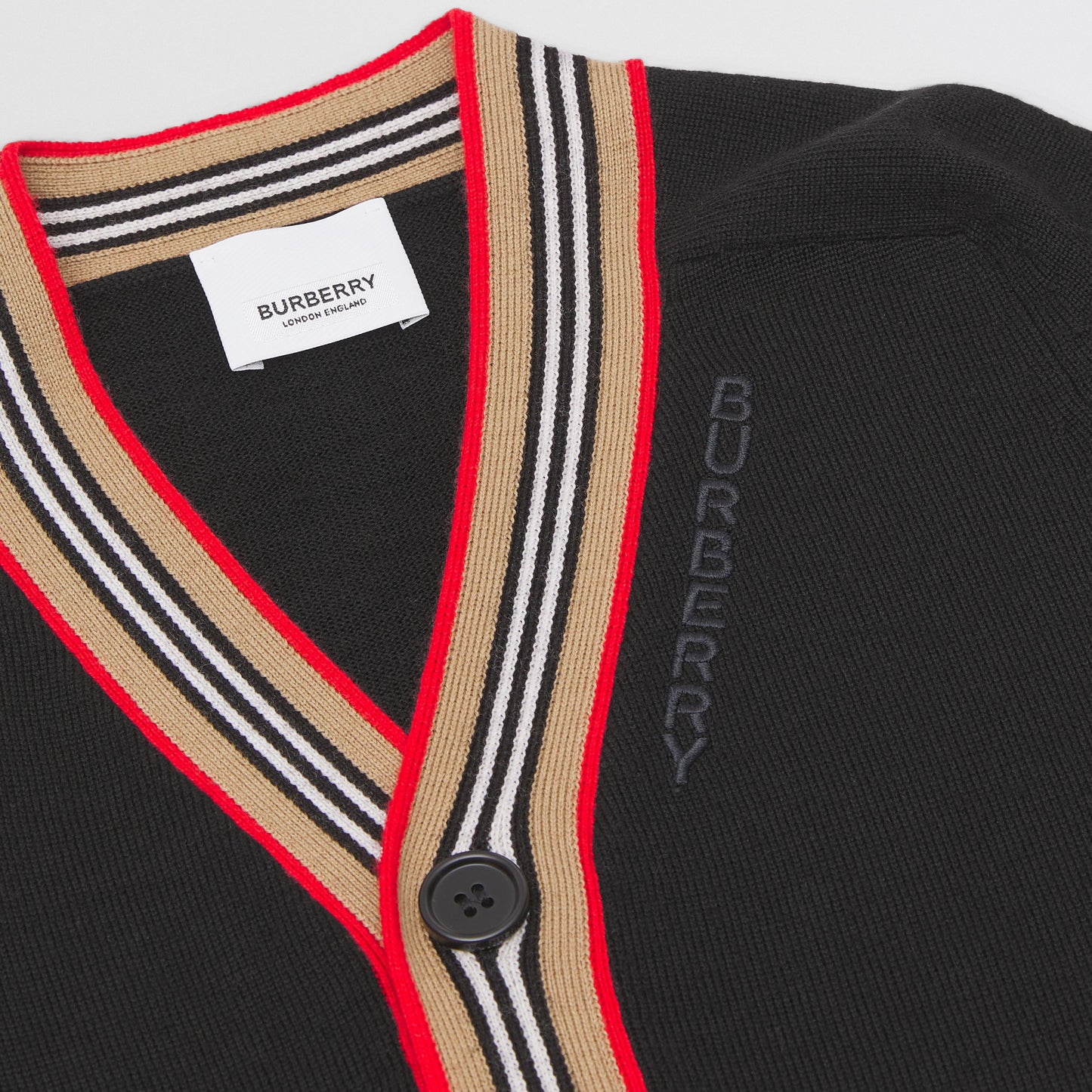 Burberry Icon Stripe Trim Wool Cardigan