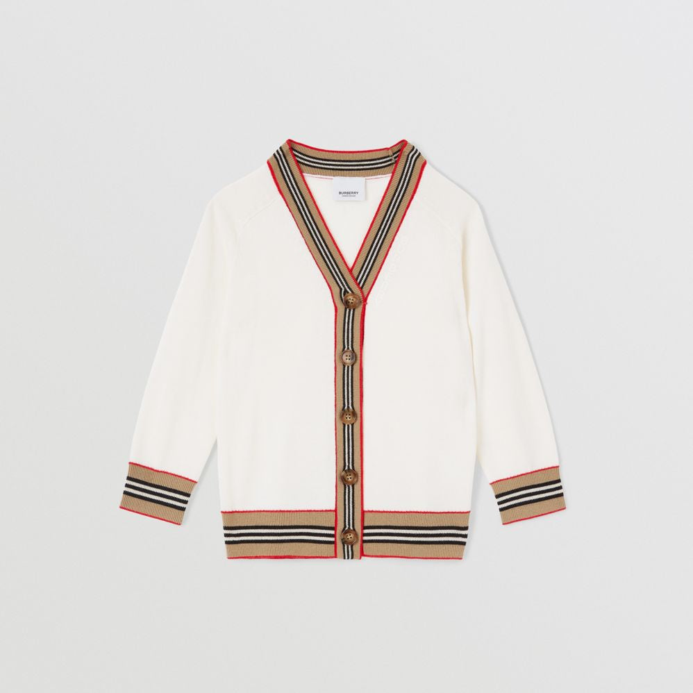 Burberry Ivory Icon Stripe Trim Wool Cardigan