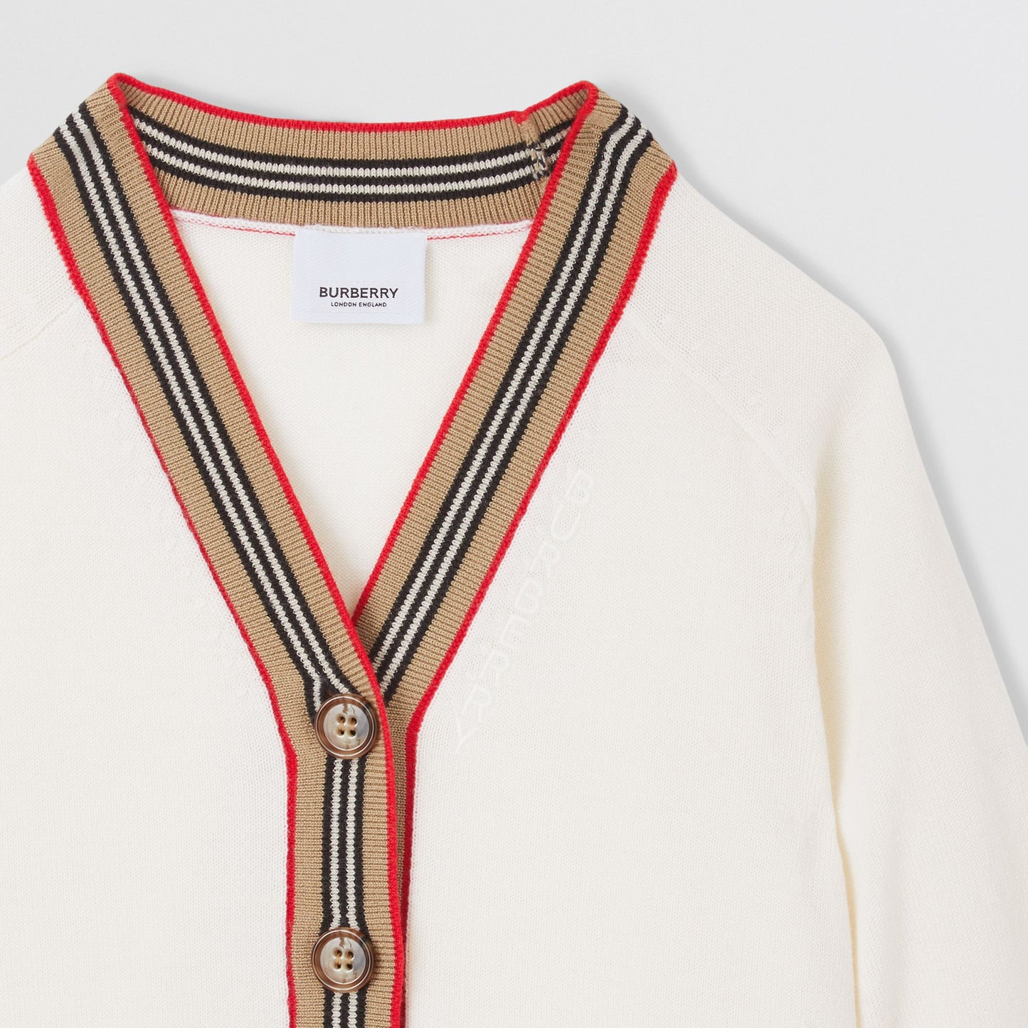 Burberry Ivory Icon Stripe Trim Wool Cardigan