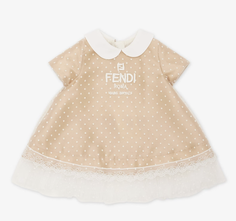 Beige duchess satin and tulle baby dress