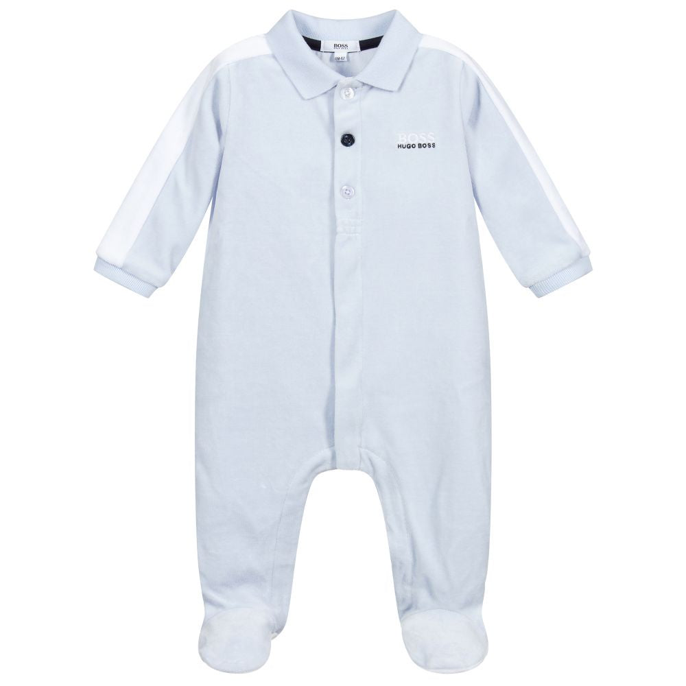 BOSS Blue Velour Logo Babygrow