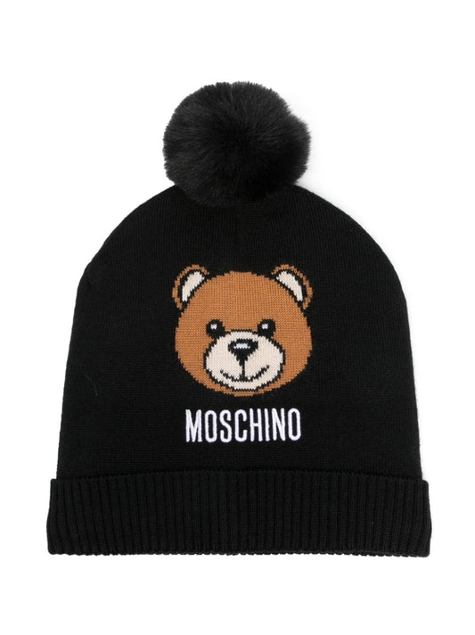 POM POM HAT WITH BEAR EMBROIDERY