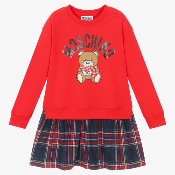 Moschino Girls Red Cotton Teddy & Tartan Dress – Petit Pont